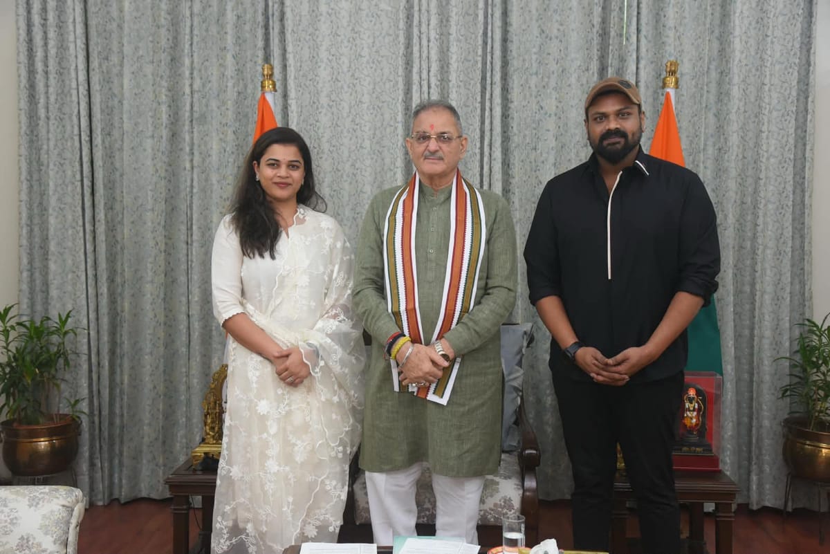Manchu Manoj and Mounika Bhuma Manchu during their meeting with Himachal Pradesh Governor Kavinder Gupta